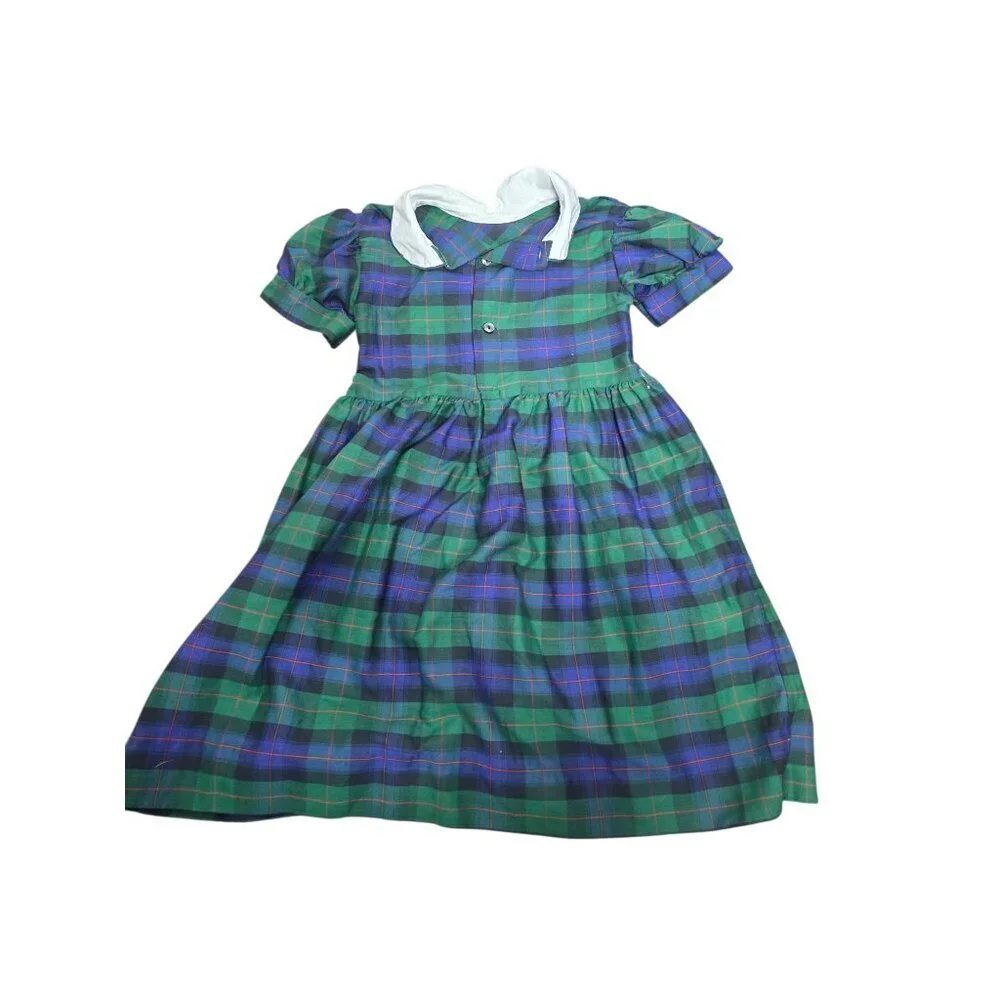 Vintage Girls Blue Green Plaid Dress